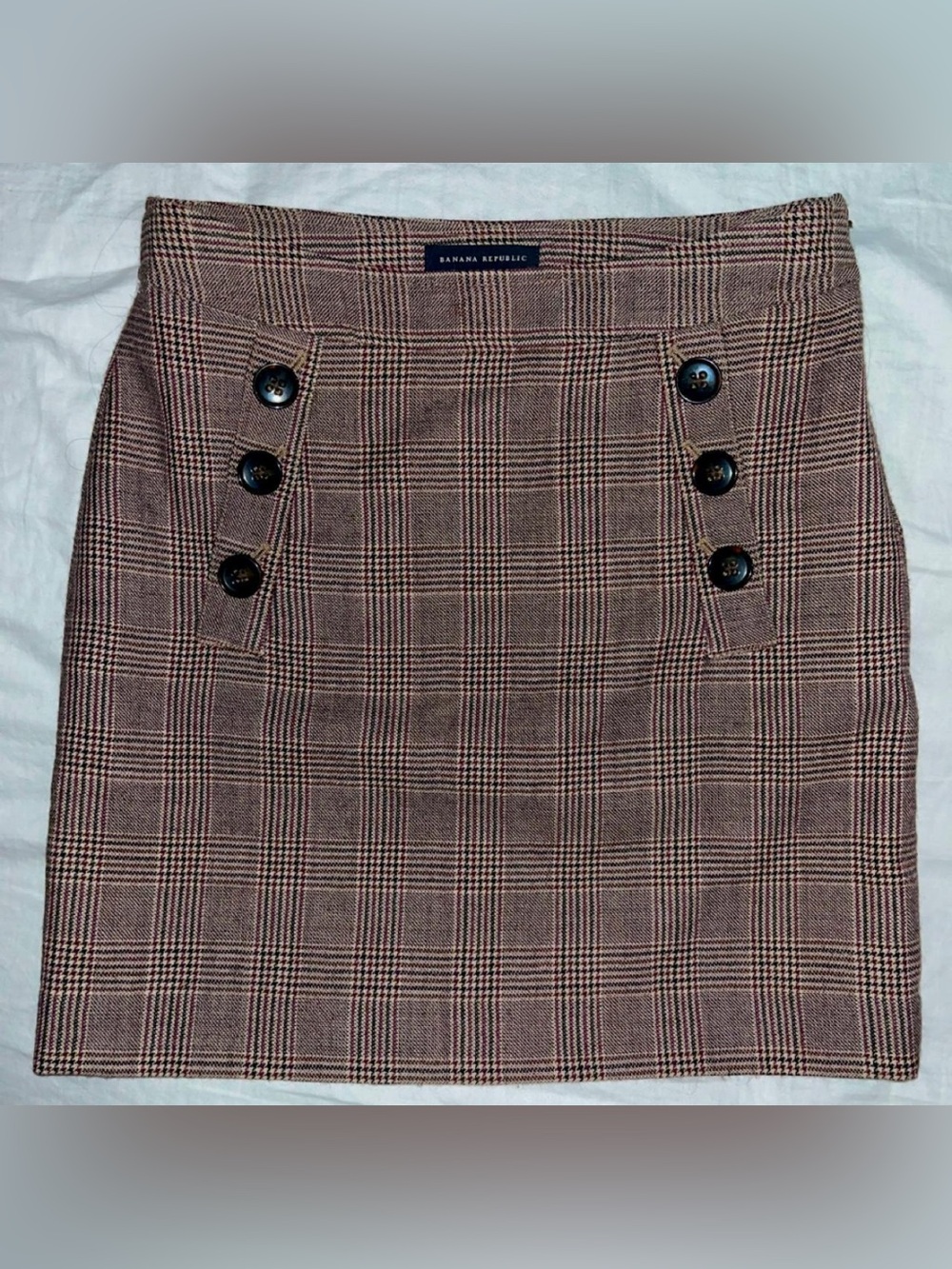 Banana Republic Brown Glen Plaid Mini Pencil Skirt with Buttons 100% wool